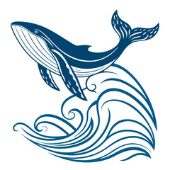 Fototapeta premium Majestic Blue Whale Jumping from Ocean Waves Vector Illustration