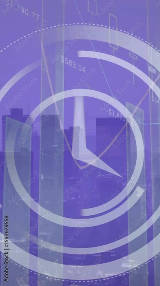Poster animation of ticking clock and statistical data processing against aerial view of cityscape