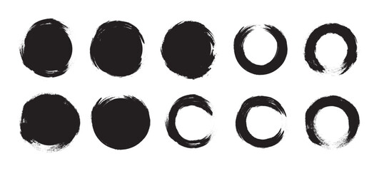 Grunge round shapes. Grunge banner collection. Paint brush stamp collection. Set of black grunge circles shapes on a white background. ink brush ellipse circle shape vector