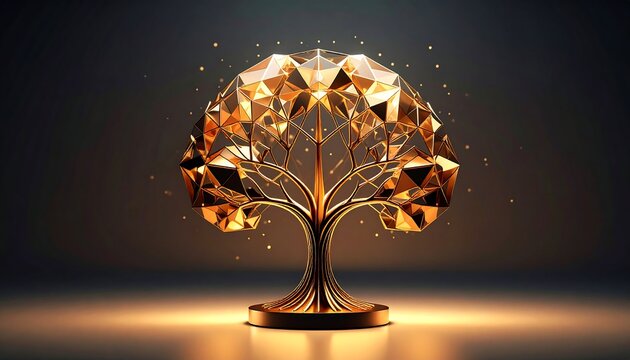 Golden, geometric tree sculpture.  Dark background, lit from below - Powered by Adobe