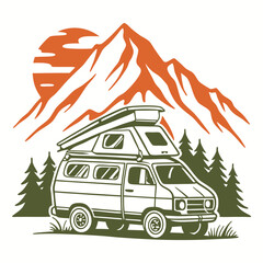 Obraz premium Camper Van in Mountains with Pine Trees at Sunset