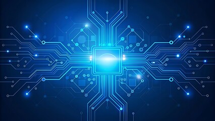 Obraz premium AI circuit board with glowing electronics elements on blue backdrop. UI and GUI design. Futuristic high tech panel of connected lines. Scientific and Technological background. Illustration.