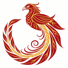 Obraz premium Majestic Phoenix Bird Illustration with Ornate Red and Gold Feathers, Symbol of Rebirth and Transformation