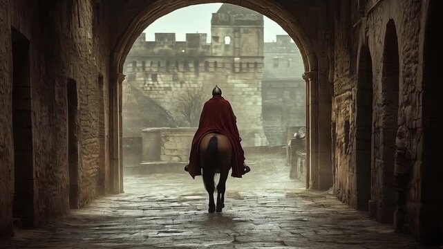 Medieval Rider Approaches Stone Fortress Through Grand Arched Gateway