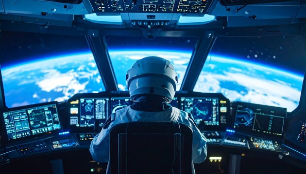 Astronaut in spacecraft cockpit, Earth view