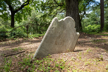 Historic grave marker stands in a lush cemetery surrounded by ancient trees and ruins near a quiet...