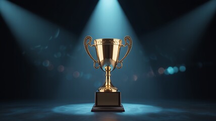 Golden trophy illuminated by spotlight on dark stage