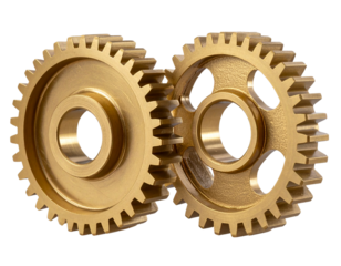 Side Profile of Two Brass Gears in Partial Mesh, Industrial Style, Transparent Background