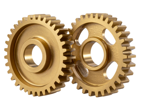 Side Profile of Two Brass Gears in Partial Mesh, Industrial Style, Transparent Background