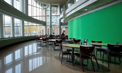 Empty Seating Area with Green Screen Wall in Modern Building Interior