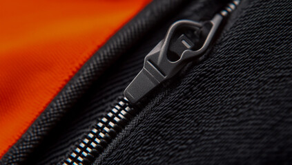 A detailed close-up shot of the zipper on a sleek all-black hoodie, emphasizing the smooth fabric texture and shiny metal teeth, set against a vibrant orange background.