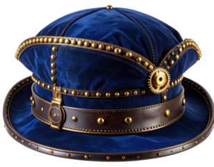 Dark indigo bicorne hat reimagined in steampunk style, featuring metallic gold gears