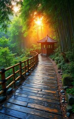 Fototapeta premium Bamboo Forest Boardwalk & Pavilion: Oriental Garden Landscape in Morning Mist and Sunlight