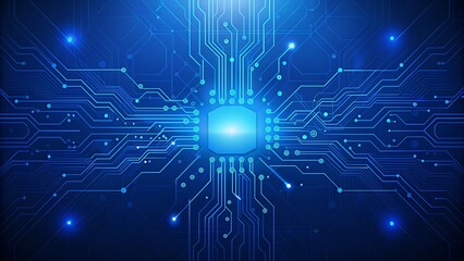 Obraz premium AI circuit board with glowing electronics elements on blue backdrop. UI and GUI design. Futuristic high tech panel of connected lines. Scientific and Technological background. Illustration.