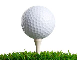 Side View of Golf Ball on Short Grass Tee with Shadow, Transparent Background