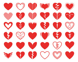 Romantic red heart symbols with medical and broken shapes