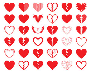 decorative heart designs in red outline and fill styles