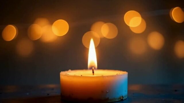 Serene candle flame flickering in soft focus creates a tranquil and warm ambiance for holidays and home decor.