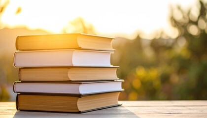 Stack of books outdoors at sunset