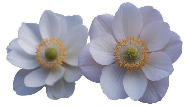 Two delicate pale purple anemone flowers with yellow centers