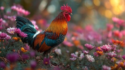 Fototapeta premium Rooster amidst colorful flowers