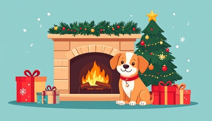 Cute puppy sitting beside a fireplace with Christmas decorations, cozy winter vibe, cartoon