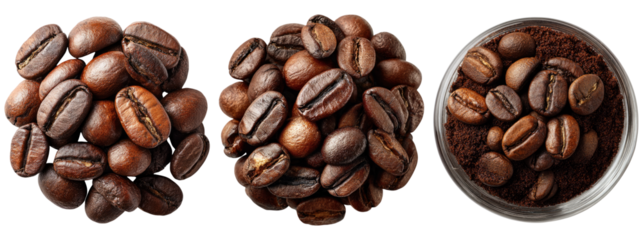 Close-up of Roasted Coffee Beans and Ground Coffee on White Background