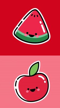 Animation of watermelon and apple icons on red background