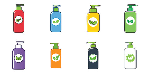 Multiple vector illustrations of lotion bottles with leaf illustration printed on them, shampoo, soap, beauty, skincare, cosmetic, etc

