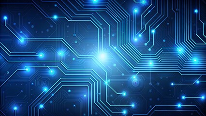 AI circuit board with glowing electronics elements on blue backdrop. UI and GUI design. Futuristic high tech panel of connected lines. Scientific and Technological background. Illustration.