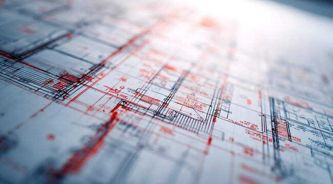 Detailed Architectural Blueprint with Faint Red and Blue Lines An Intricate Design Showcasing Technical Drawings and Precision Engineering in a Large Format Emphasizing Complexity and Planning