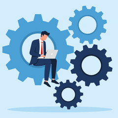Illustration of a businessman sitting on a large gear working on a laptop, symbolizing process optimization and digital system management.