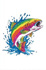 Obraz premium Rainbow Trout Leaping: Vibrant Colorful Fish Illustration in Splashing Water, Artistic Design
