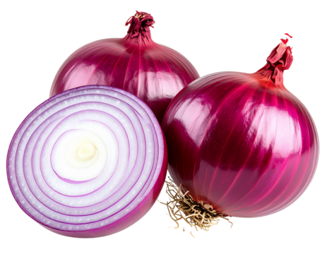  Three Red Onions in Varied Angles with Cut Half Showing Rings, Transparent Background