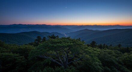 Mountain Range at Twilight Scenic Vista with Forest and Blue Sky