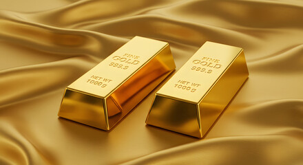 Two shiny gold bars on a luxurious golden silk background
