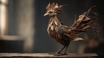 Rooster crafted from dried leaves