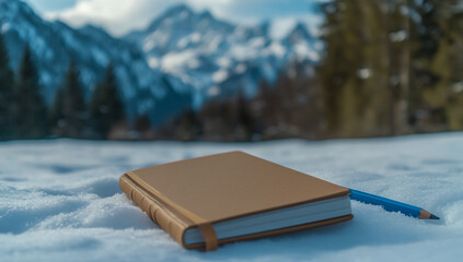 A pen and notebook lying on fresh snow against a backdrop of gently hazy majestic mountains under a calm winter sky.