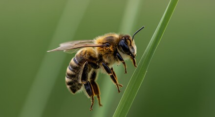 Flying Striped Bee Hovering Near Green Blade of Grass in Summer