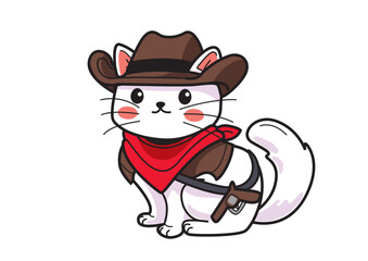Charming cartoon cat wearing a cowboy hat and red bandana complete with a holster showcasing a fun and adventurous character design. Animal concept