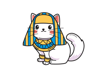 Elegant cartoon cat wearing an Egyptian queen costume with colorful headdress and collar showcasing a historical and whimsical character design. Animal concept