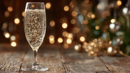 Festive wallpaper with a champagne glass filled with bubbly drink on a wooden table, surrounded by golden bokeh lights, symbolizing holiday celebration and toast moments.