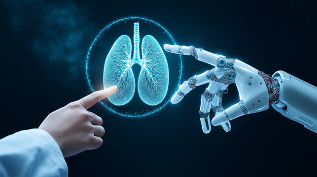 Hand of doctor and robot finger or cyborg artificial intelligence AI touching lung. Human organ virtual interface. Innovative technology in science medical health care futuristic. 3D Vector 