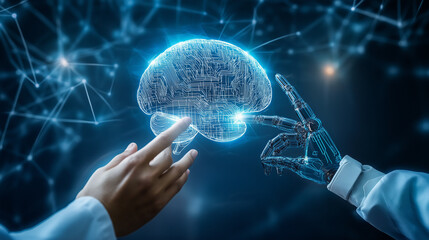 Hand of doctor and robot finger or cyborg artificial intelligence AI touching brain. Human organ virtual interface. Innovative technology in science medical health care futuristic. 3D Vector 