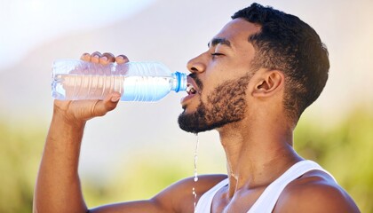 Thirsty man drinking water outdoors