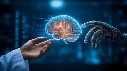 Hand of doctor and robot finger or cyborg artificial intelligence AI touching brain. Human organ virtual interface. Innovative technology in science medical health care futuristic. 3D Vector 