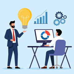 Illustration of a businessman presenting an idea to an analyst reviewing data on a computer, symbolizing business strategy and collaboration.