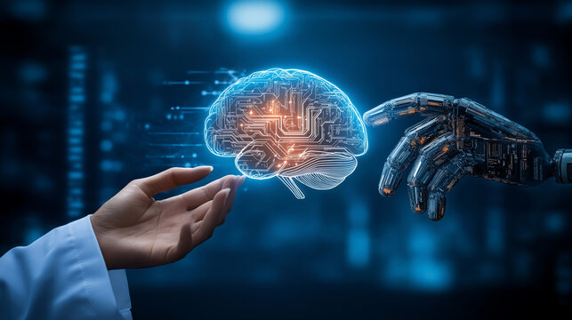Hand of doctor and robot finger or cyborg artificial intelligence AI touching brain. Human organ virtual interface. Innovative technology in science medical health care futuristic. 3D Vector 