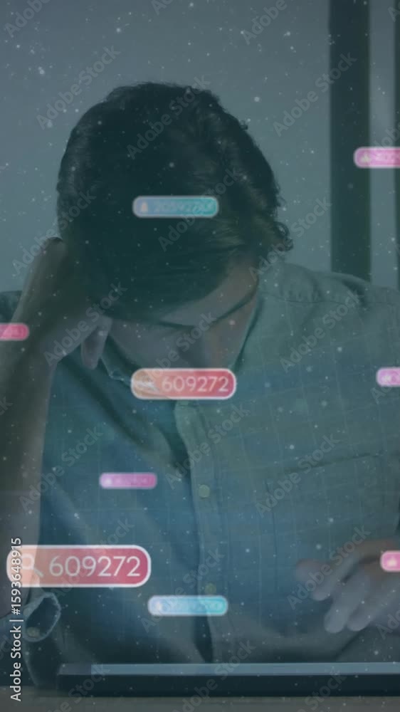 Poster man using tablet with floating numbers and data processing animation