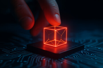 Hand touching glowing red holographic cube above advanced circuit board symbolizing futuristic digital technology interface and innovation concept